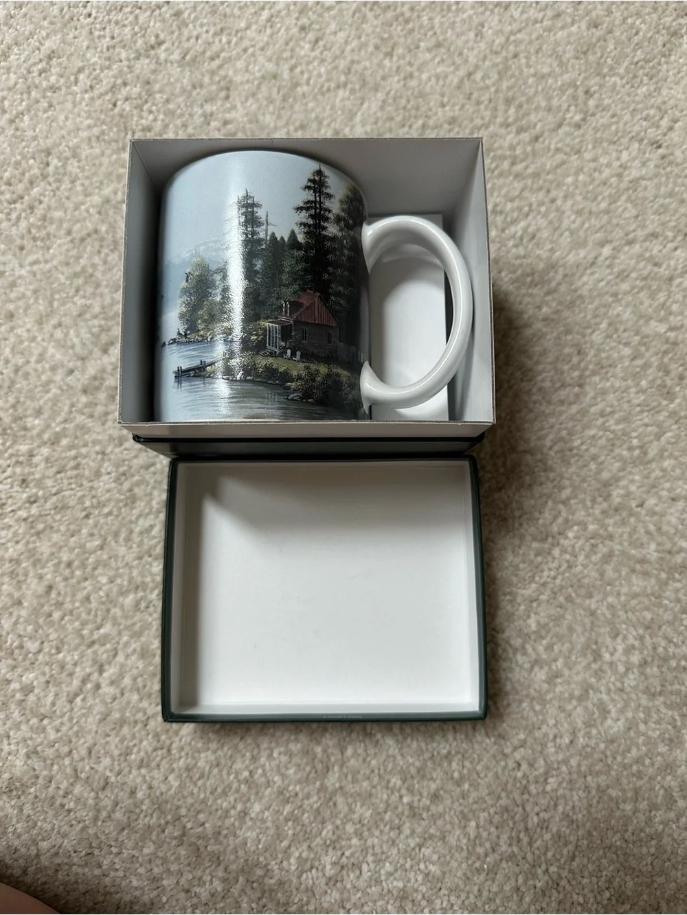 Scenic Lake Ceramic Coffee Mug - White and Blue Landscape